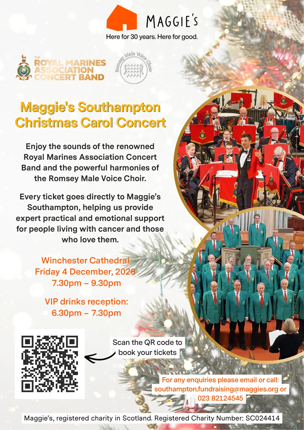 Poster for Maggie's Southampton Christmas Carol Concert: Winchester Cathedral, Friday 4 December 2026, 7.30pm to 9.30pm, VIP drinks reception 6.30pm to 7.30pm, with photos of the Royal Marines Association Concert Band and the Romsey Male Voice Choir and a QR code for booking