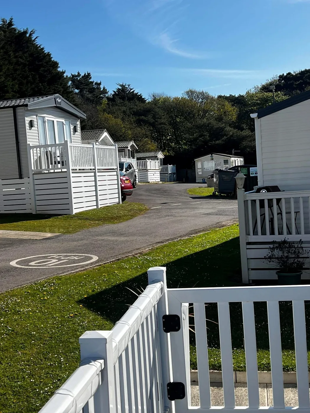 White-fenced mobile homes along a park road with pine trees behind under a blue sky