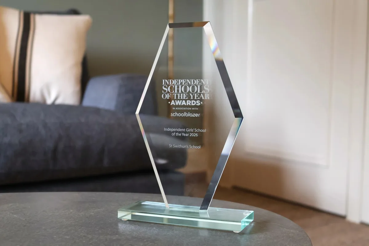 A glass trophy engraved Independent Schools of the Year Awards, Independent Girls' School of the Year 2026, St Swithun's School