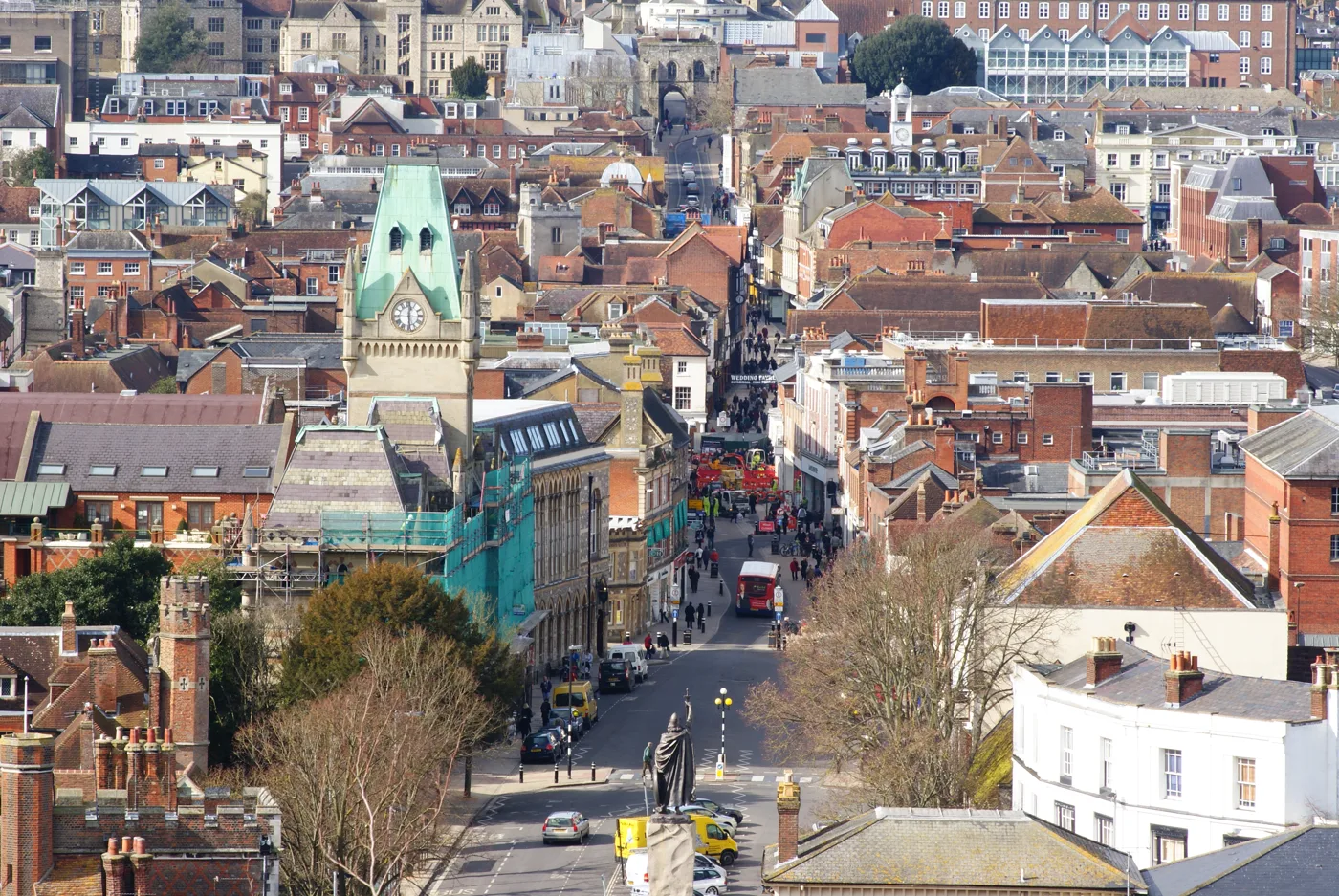 Rooftops of central Winchester and the Guildhall, seen from St Giles Hill