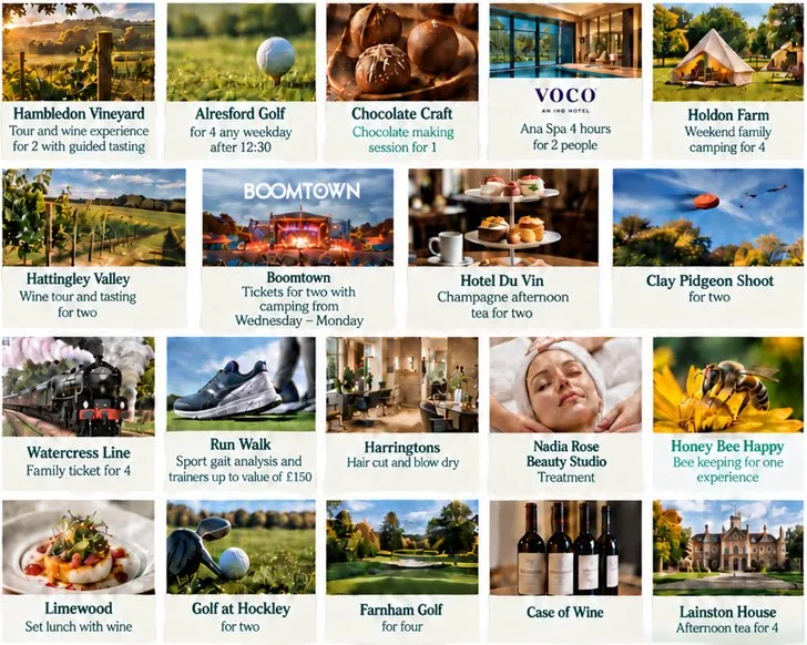 The prize board from the Winchester and District Samaritans 50th birthday raffle page, showing nineteen donated prizes including vineyard tours, afternoon teas, golf, Boomtown tickets and a Watercress Line family ticket